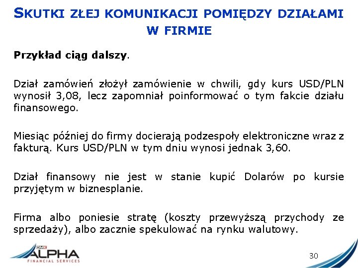 SKUTKI ZŁEJ KOMUNIKACJI POMIĘDZY DZIAŁAMI W FIRMIE Przykład ciąg dalszy. Dział zamówień złożył zamówienie