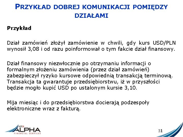PRZYKŁAD DOBREJ KOMUNIKACJI POMIĘDZY DZIAŁAMI Przykład Dział zamówień złożył zamówienie w chwili, gdy kurs