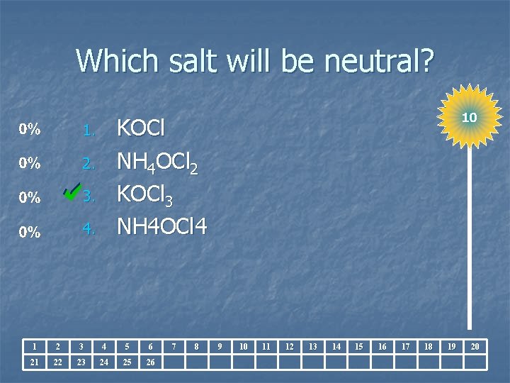 Which salt will be neutral? 10 KOCl NH 4 OCl 2 KOCl 3 NH
