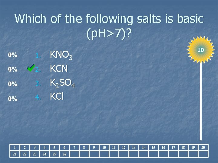 Which of the following salts is basic (p. H>7)? 10 KNO 3 KCN K