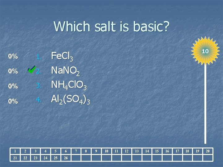 Which salt is basic? 10 Fe. Cl 3 Na. NO 2 NH 4 Cl.