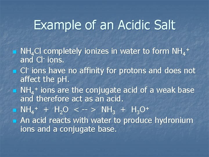Example of an Acidic Salt n n n NH 4 Cl completely ionizes in