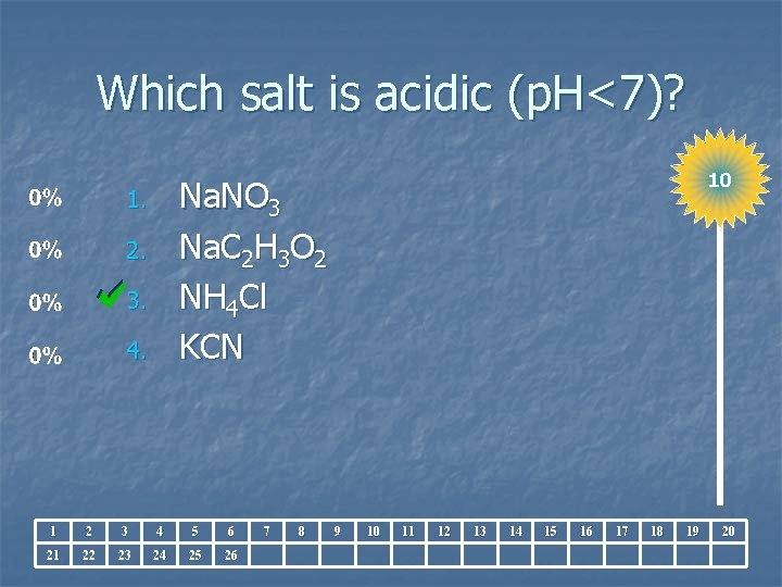 Which salt is acidic (p. H<7)? 10 Na. NO 3 Na. C 2 H