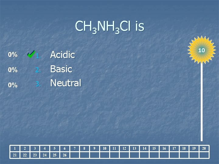 CH 3 NH 3 Cl is 10 Acidic Basic Neutral 1. 2. 3. 1