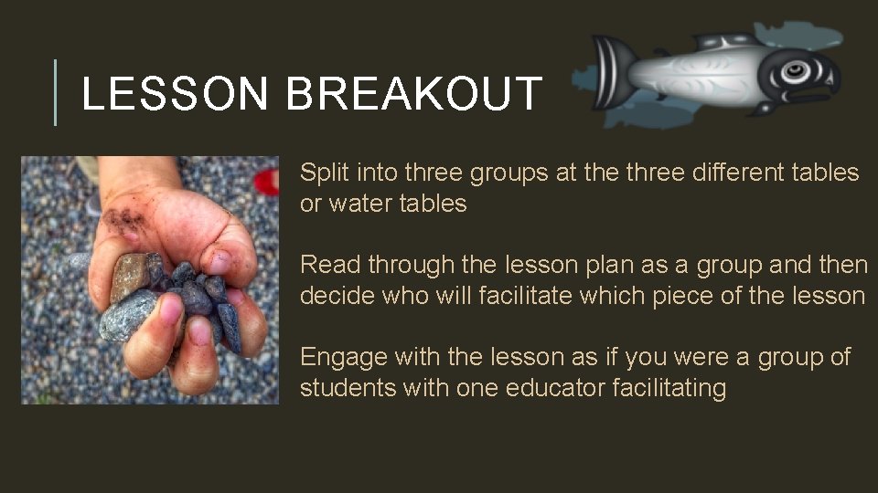 LESSON BREAKOUT Split into three groups at the three different tables or water tables