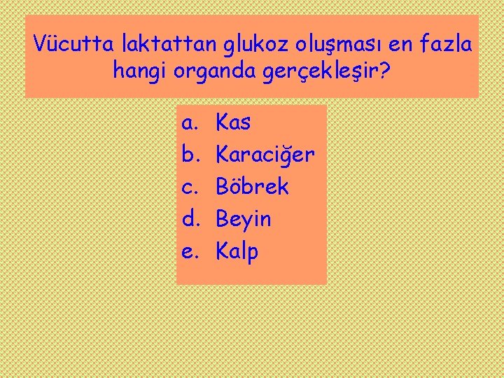 Vücutta laktattan glukoz oluşması en fazla hangi organda gerçekleşir? a. b. c. d. e.