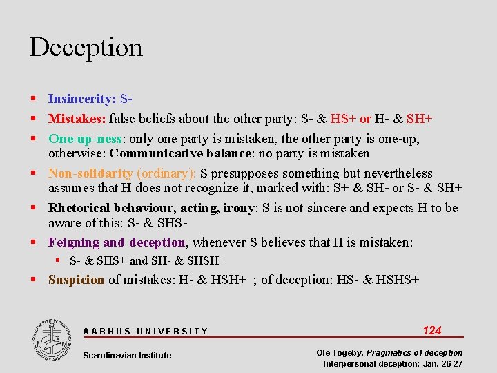 Deception Insincerity: S Mistakes: false beliefs about the other party: S- & HS+ or