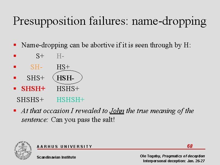 Presupposition failures: name-dropping Name-dropping can be abortive if it is seen through by H: