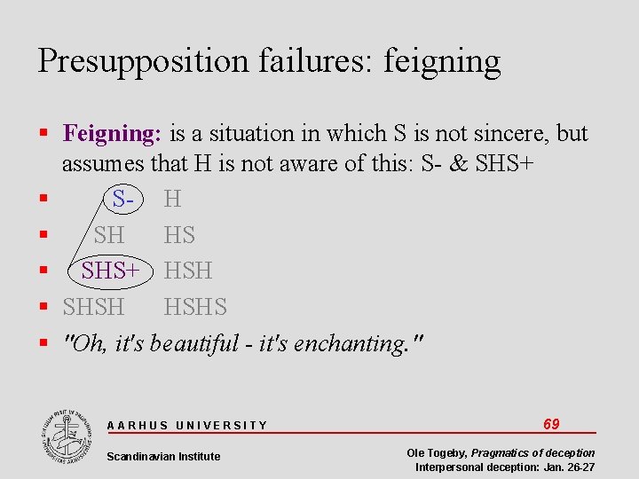 Presupposition failures: feigning Feigning: is a situation in which S is not sincere, but