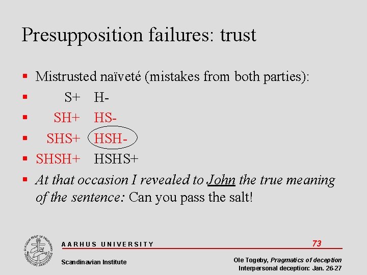 Presupposition failures: trust Mistrusted naïveté (mistakes from both parties): S+ H SH+ HS SHS+