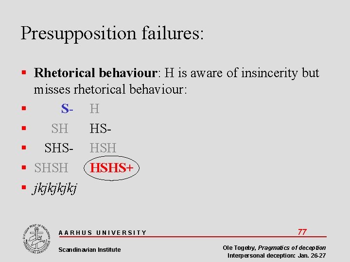 Presupposition failures: Rhetorical behaviour: H is aware of insincerity but misses rhetorical behaviour: S-