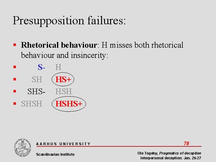 Presupposition failures: Rhetorical behaviour: H misses both rhetorical behaviour and insincerity: S- H SH