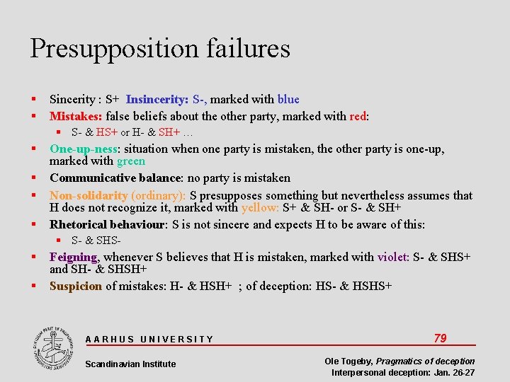 Presupposition failures Sincerity : S+ Insincerity: S-, marked with blue Mistakes: false beliefs about