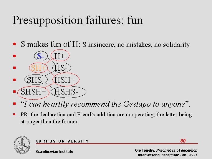 Presupposition failures: fun S makes fun of H: S insincere, no mistakes, no solidarity