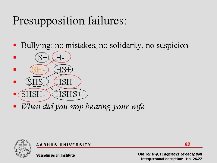 Presupposition failures: Bullying: no mistakes, no solidarity, no suspicion S+ H SH- HS+ SHS+