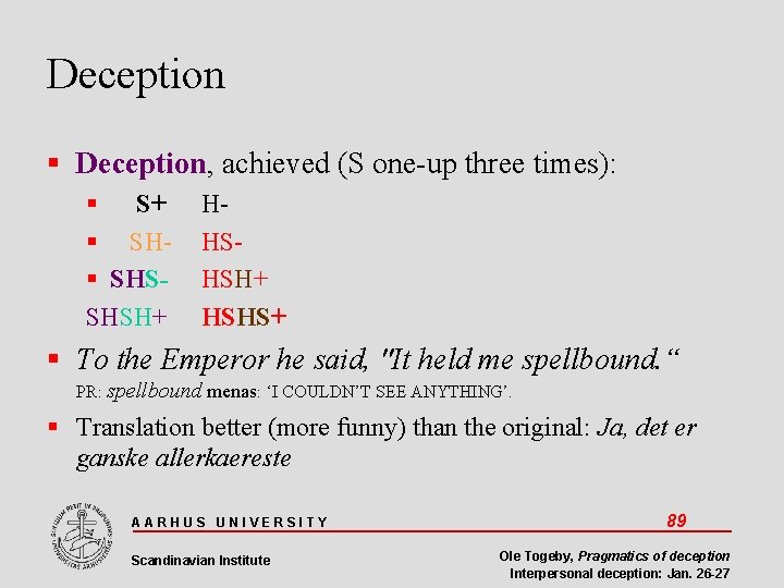 Deception Deception, achieved (S one-up three times): S+ SH SHSSHSH+ HHSHSH+ HSHS+ To the