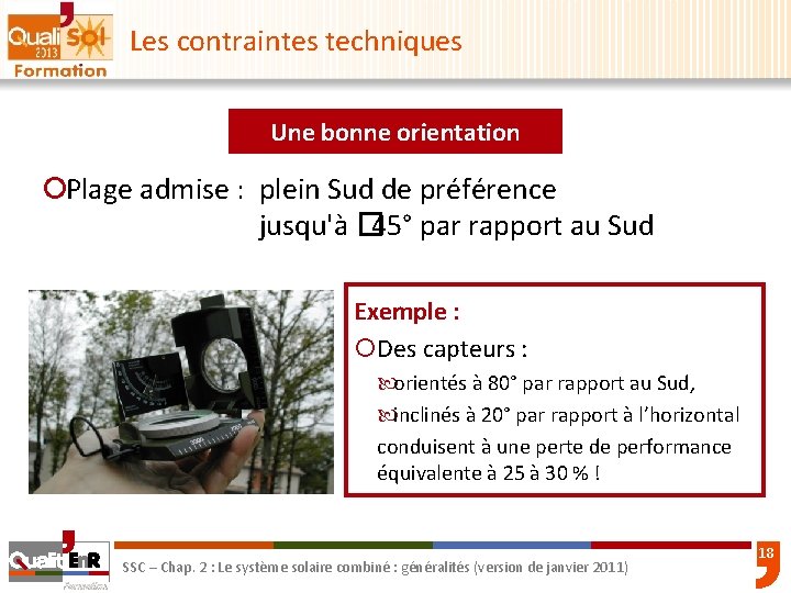 Les contraintes techniques Une bonne orientation ¡Plage admise : plein Sud de préférence jusqu'à
