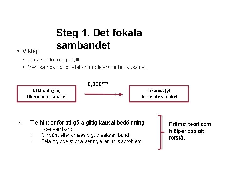  • Viktigt Steg 1. Det fokala sambandet • Första kriteriet uppfyllt • Men