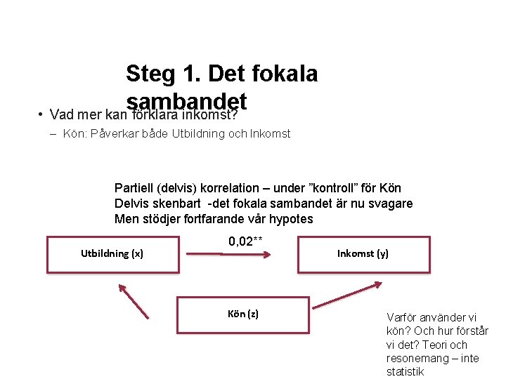 Steg 1. Det fokala sambandet • Vad mer kan förklara inkomst? – Kön: Påverkar