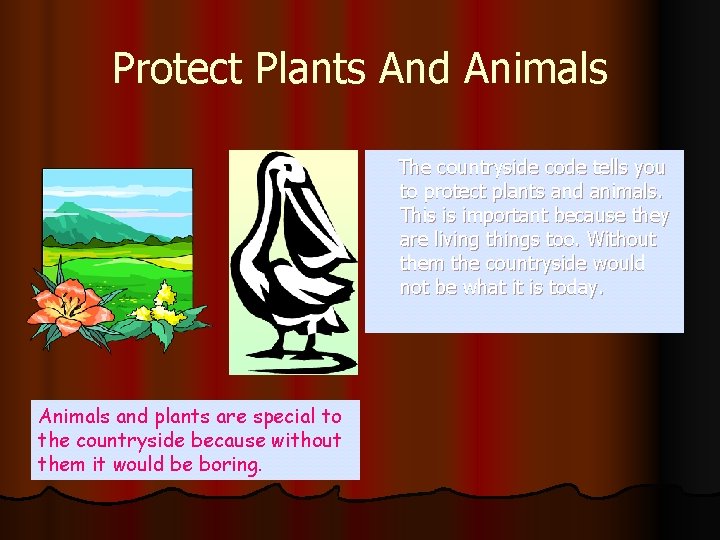 Protect Plants And Animals The countryside code tells you to protect plants and animals.