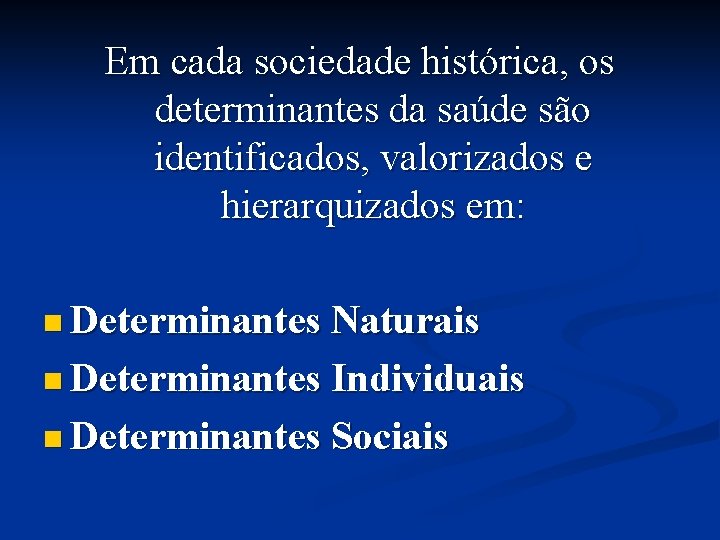 Em cada sociedade histórica, os determinantes da saúde são identificados, valorizados e hierarquizados em: