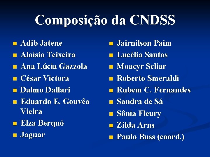 Composição da CNDSS n n n n Adib Jatene Aloísio Teixeira Ana Lúcia Gazzola