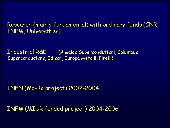 Research (mainly fundamental) with ordinary funds (CNR, INFM, Universities) Industrial R&D (Ansaldo Superconduttori, Columbus