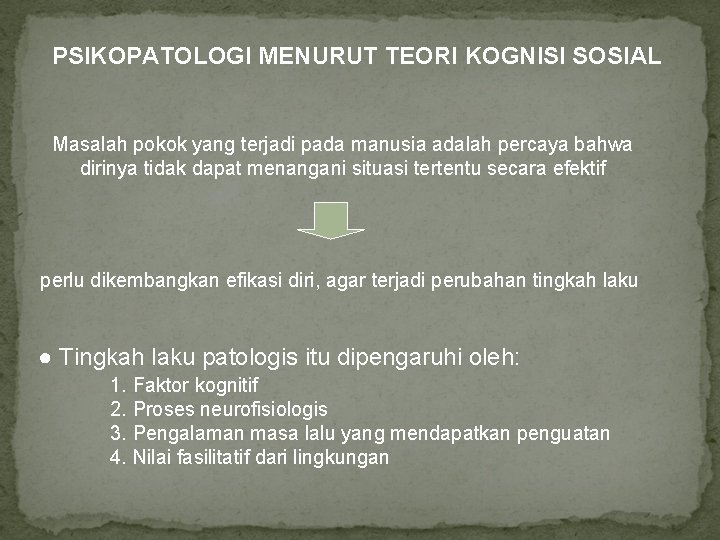 PSIKOPATOLOGI MENURUT TEORI KOGNISI SOSIAL Masalah pokok yang terjadi pada manusia adalah percaya bahwa