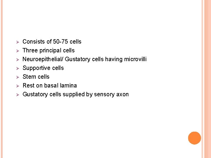 Ø Ø Ø Ø Consists of 50 -75 cells Three principal cells Neuroepithelial/ Gustatory Ø Ø Ø Ø Consists of 50 -75 cells Three principal cells Neuroepithelial/ Gustatory