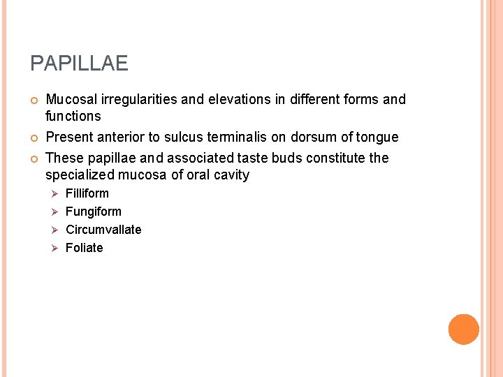 PAPILLAE Mucosal irregularities and elevations in different forms and functions Present anterior to sulcus PAPILLAE Mucosal irregularities and elevations in different forms and functions Present anterior to sulcus