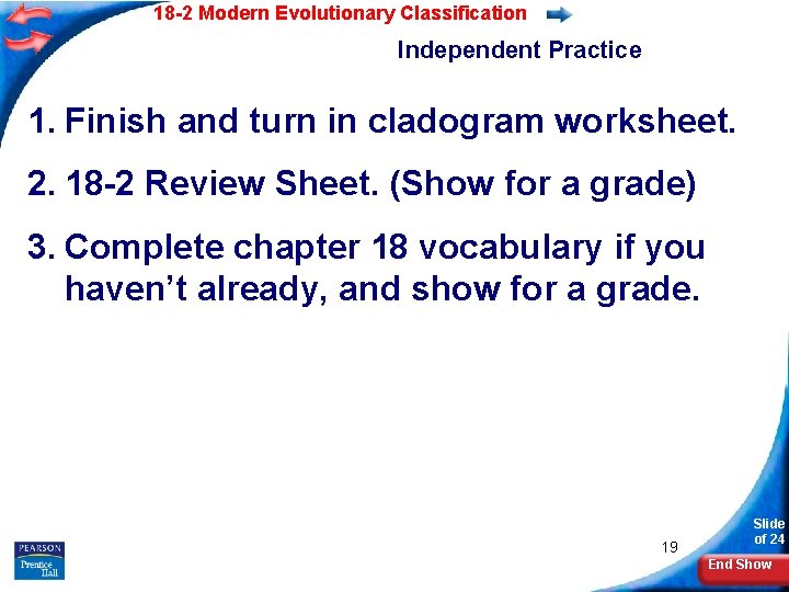 18 -2 Modern Evolutionary Classification Independent Practice 1. Finish and turn in cladogram worksheet.
