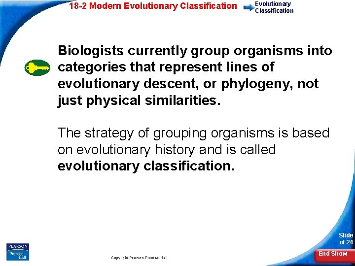 18 -2 Modern Evolutionary Classification Biologists currently group organisms into categories that represent lines