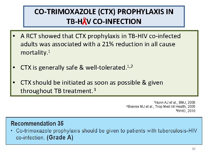 CO-TRIMOXAZOLE (CTX) PROPHYLAXIS IN TB-H V CO-INFECTION • A RCT showed that CTX prophylaxis