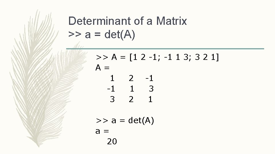 Determinant of a Matrix >> a = det(A) >> A = [1 2 -1;