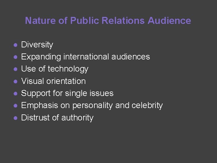 Nature of Public Relations Audience ● ● ● ● Diversity Expanding international audiences Use