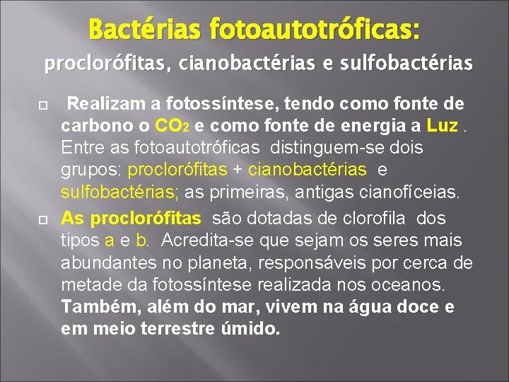 Bactérias fotoautotróficas: proclorófitas, cianobactérias e sulfobactérias Realizam a fotossíntese, tendo como fonte de carbono