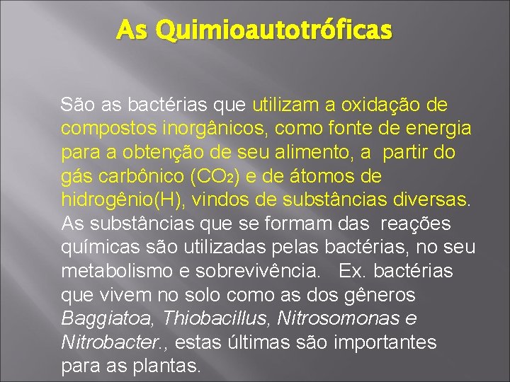 As Quimioautotróficas São as bactérias que utilizam a oxidação de compostos inorgânicos, como fonte