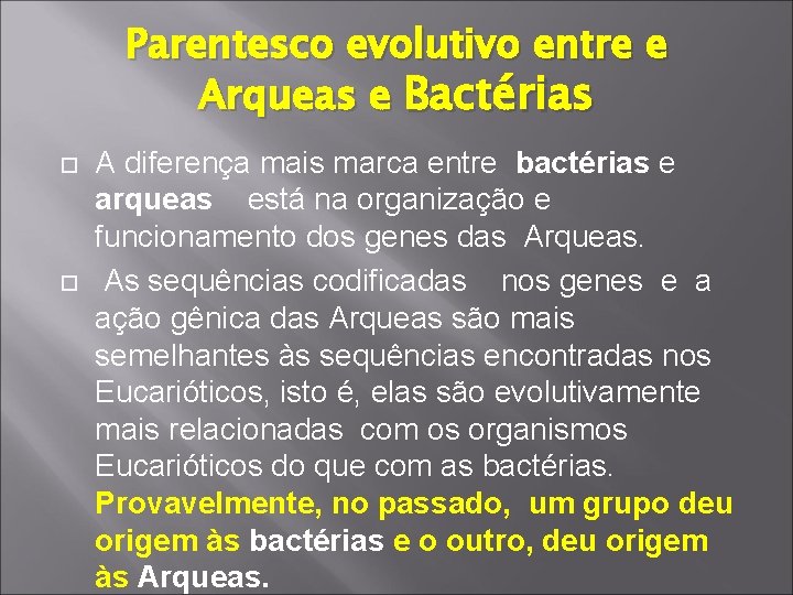 Parentesco evolutivo entre e Arqueas e Bactérias A diferença mais marca entre bactérias e