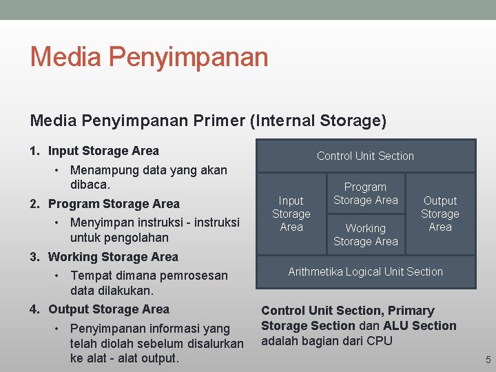 Media Penyimpanan Primer (Internal Storage) 1. Input Storage Area • Menampung data yang akan