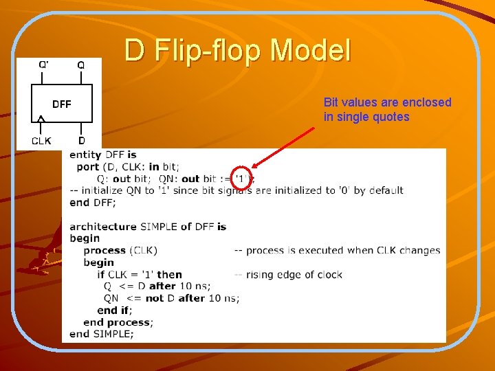 D Flip-flop Model Bit values are enclosed in single quotes 