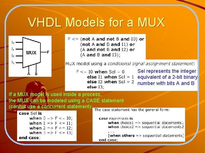 VHDL Models for a MUX Sel represents the integer equivalent of a 2 -bit