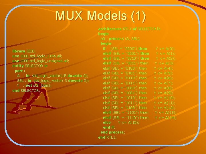 MUX Models (1) library IEEE; use IEEE. std_logic_1164. all; use IEEE. std_logic_unsigned. all; entity