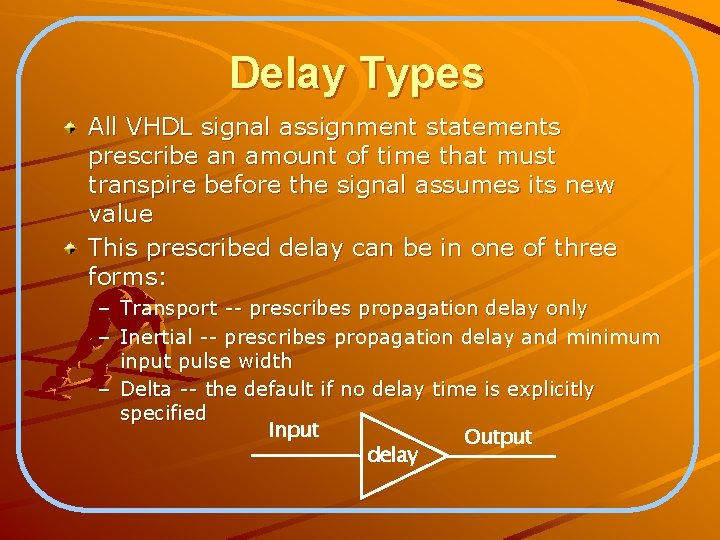 Delay Types All VHDL signal assignment statements prescribe an amount of time that must