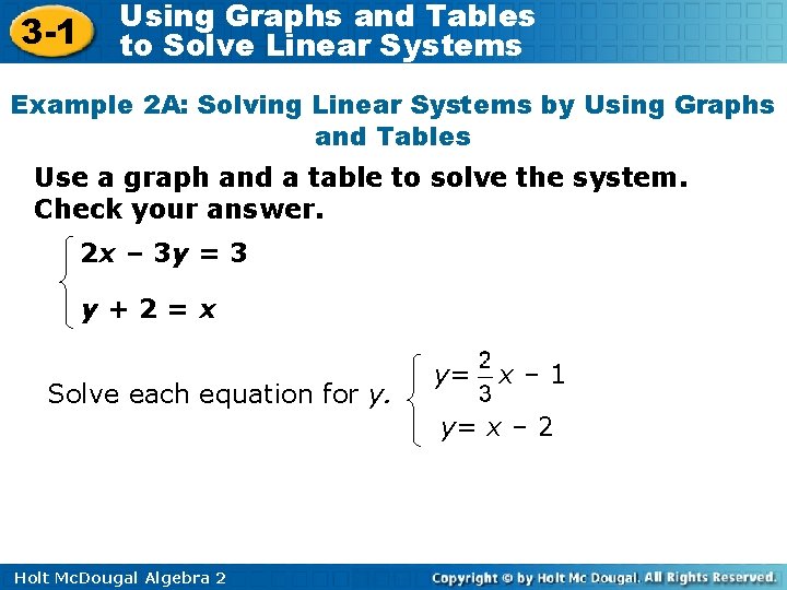 3 -1 Using Graphs and Tables to Solve Linear Systems Example 2 A: Solving