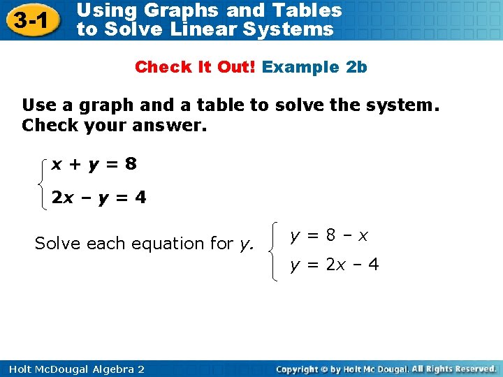 3 -1 Using Graphs and Tables to Solve Linear Systems Check It Out! Example