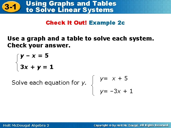 3 -1 Using Graphs and Tables to Solve Linear Systems Check It Out! Example