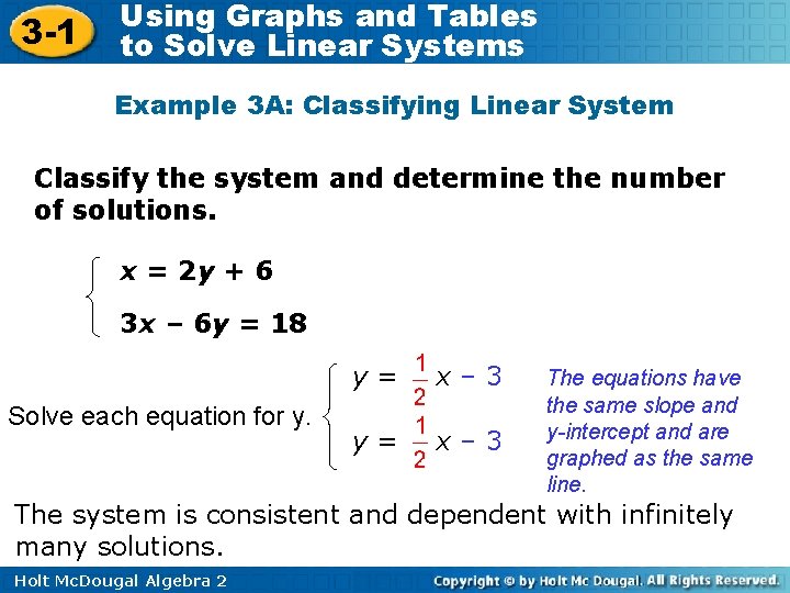 3 -1 Using Graphs and Tables to Solve Linear Systems Example 3 A: Classifying