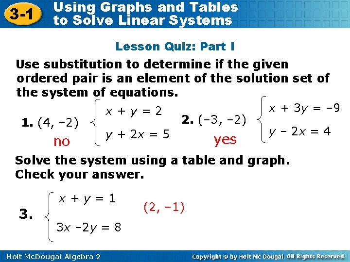 3 -1 Using Graphs and Tables to Solve Linear Systems Lesson Quiz: Part I