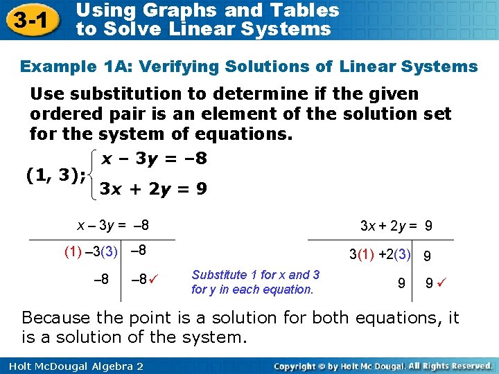 3 -1 Using Graphs and Tables to Solve Linear Systems Example 1 A: Verifying