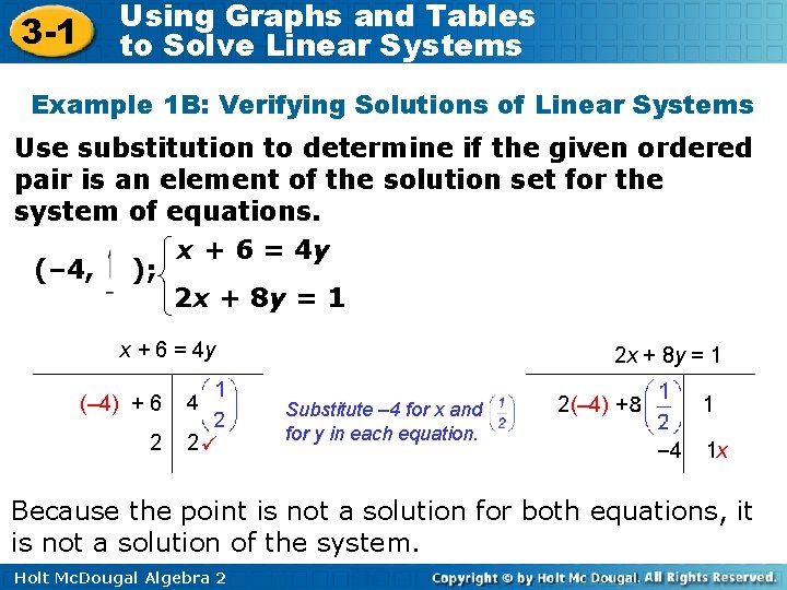 3 -1 Using Graphs and Tables to Solve Linear Systems Example 1 B: Verifying